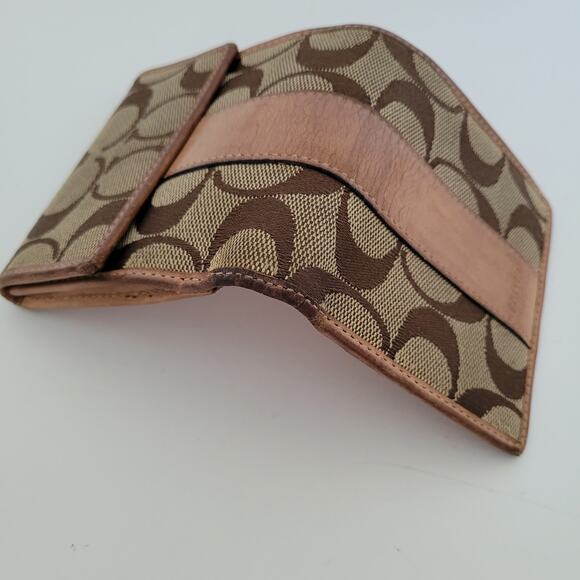 Coach Wallet Brown Signature Card Holder Bill Medium Bifold Compact Tan Red - Picture 7 of 11